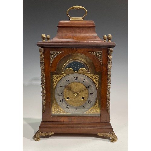 1756 - A George II Revival gilt metal mounted walnut caddy top bracket clock, by Junghans, 20cm arched bras... 