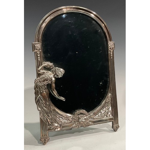 2622 - A WMF silver plated arched rectangular easel mirror, cast with a beauty in relief, with garlands and... 