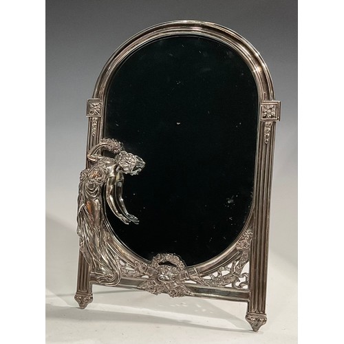 2622 - A WMF silver plated arched rectangular easel mirror, cast with a beauty in relief, with garlands and... 