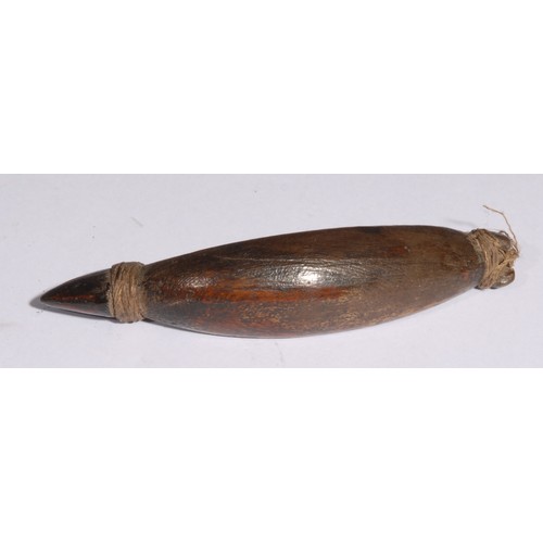 1664 - A Maori fish hook (Matua) curved wooden shank, the inner face lined with paua shell lure, barbed wha... 