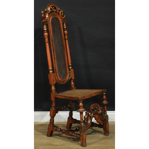 2304 - A William & Mary Revival painted and parcel-gilt chair, shaped cresting curbed with scrolling leaves... 