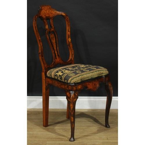 1587 - A 19th century Dutch marquetry side chair, shaped back inlaid with a mask, leaves and trailing stems... 