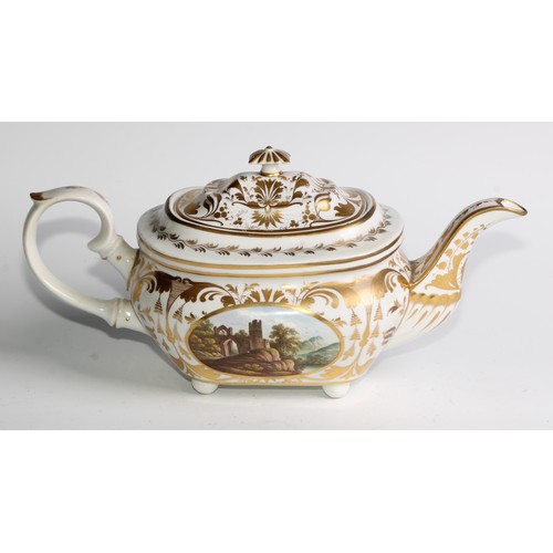 257 - An early 19th century Derby named view boat shaped teapot, painted with a view of Near Allestry (sic... 