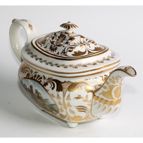 257 - An early 19th century Derby named view boat shaped teapot, painted with a view of Near Allestry (sic... 