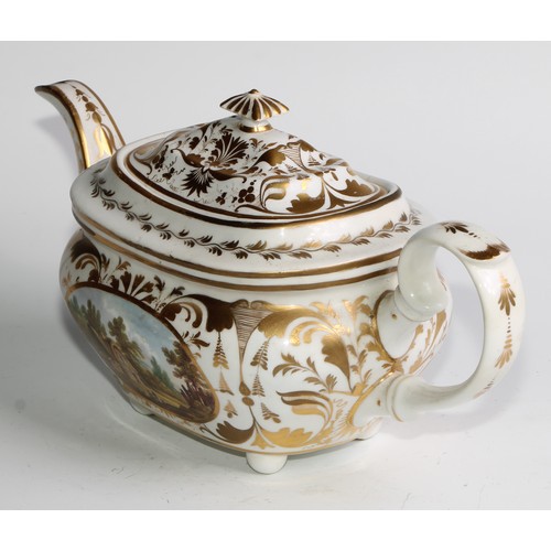 257 - An early 19th century Derby named view boat shaped teapot, painted with a view of Near Allestry (sic... 