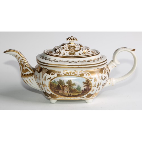 257 - An early 19th century Derby named view boat shaped teapot, painted with a view of Near Allestry (sic... 