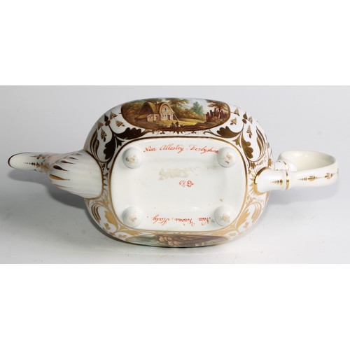 257 - An early 19th century Derby named view boat shaped teapot, painted with a view of Near Allestry (sic... 