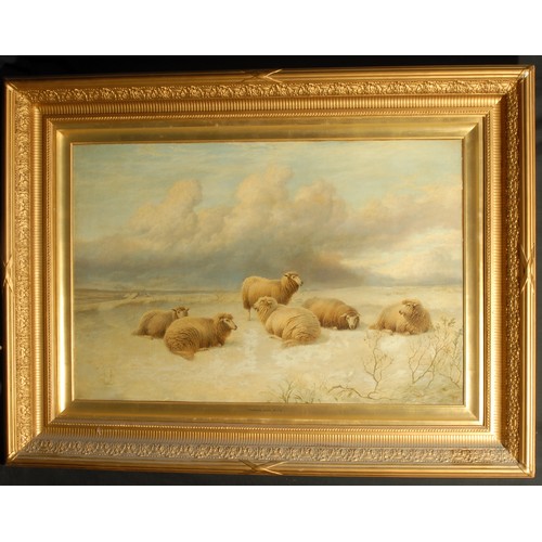 572 - Charles Jones RCA (1836-1892)
Sheep in a Winter Landscape
signed with monogram, dated '63, oil on ca... 