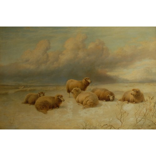 572 - Charles Jones RCA (1836-1892)
Sheep in a Winter Landscape
signed with monogram, dated '63, oil on ca... 