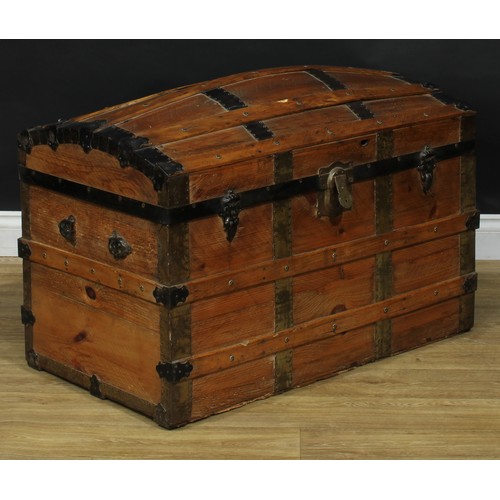 1911 - An early 20th century metal-bound pine dome top steamer trunk, 63.5cm high, 93cm wide, 52cm deep