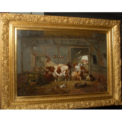 759 - W G Meadows (1825 - 1901)
Cattle in a Barn
signed, oil on canvas, 59cm x 90cm