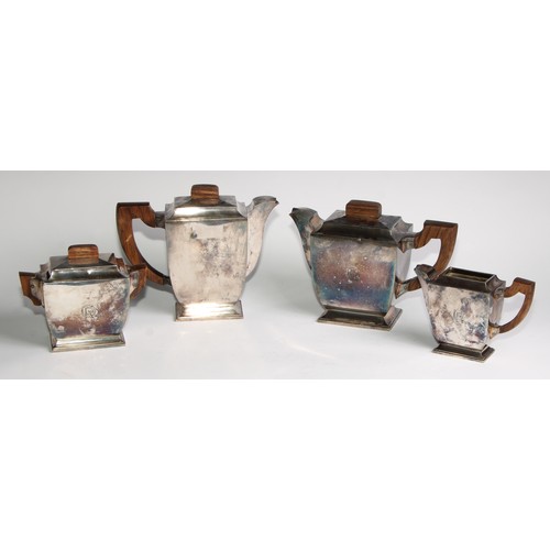 804 - A French Art Deco E.P.N.S four piece tea and coffee service, comprising teapot, coffee pot, sucrier ... 