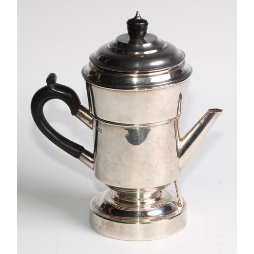 1065 - A silver coffee percolator, of cylindrical form, quite plain, angular spout, stepped domed cover, eb... 