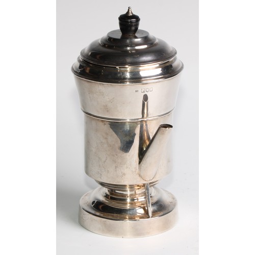 1065 - A silver coffee percolator, of cylindrical form, quite plain, angular spout, stepped domed cover, eb... 