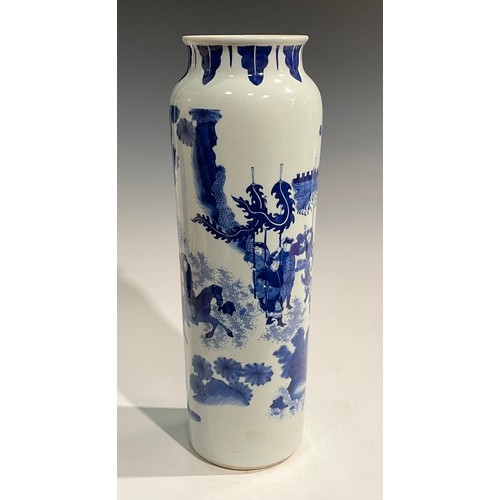 410 - A Chinese tapered cylindrical vase, painted in tones of under glaze blue, with figure on horseback, ... 