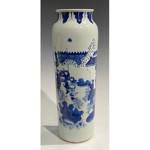 410 - A Chinese tapered cylindrical vase, painted in tones of under glaze blue, with figure on horseback, ... 