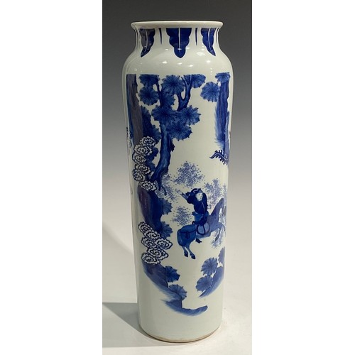 410 - A Chinese tapered cylindrical vase, painted in tones of under glaze blue, with figure on horseback, ... 