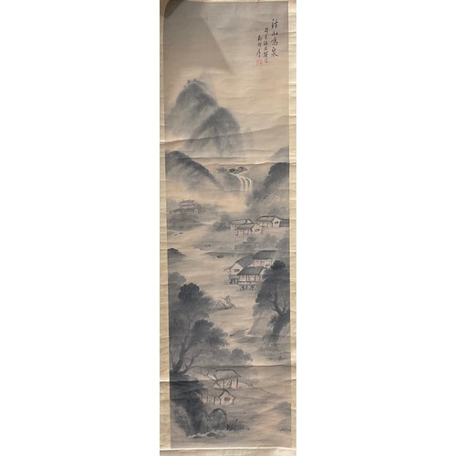 421 - A Japanese scroll painting, sakura blossom, beside a pool of fish, signed, red seal marks, 144cm x 5... 