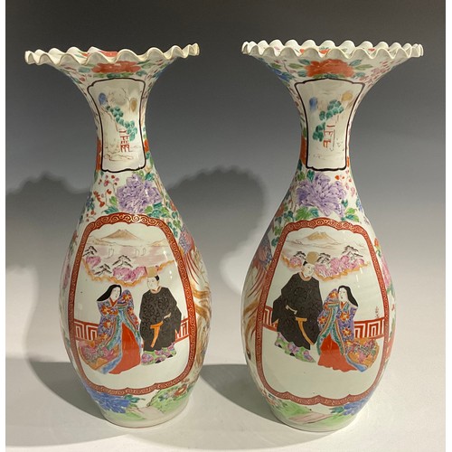 476 - A pair of large Japanese ovoid vases, painted in polychrome enamels with figures and flowers, wavy r... 