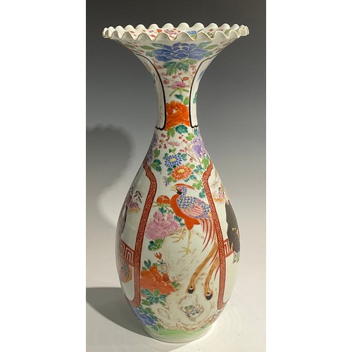 476 - A pair of large Japanese ovoid vases, painted in polychrome enamels with figures and flowers, wavy r... 