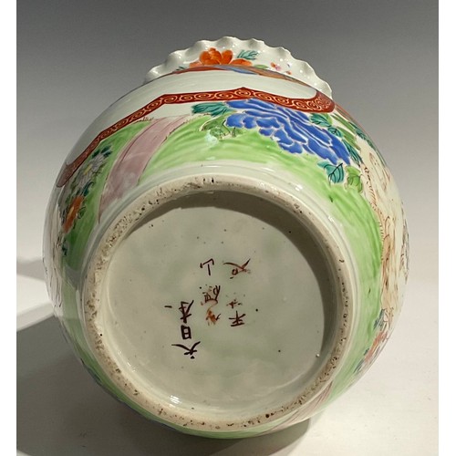 476 - A pair of large Japanese ovoid vases, painted in polychrome enamels with figures and flowers, wavy r... 