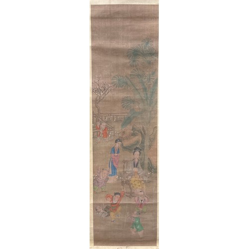 405 - A Chinese scroll painting, depicting a narrative scene with figures in a landscape, the image 28.5cm... 