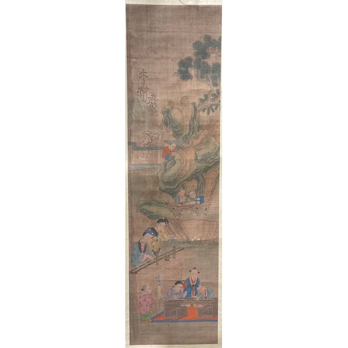 405 - A Chinese scroll painting, depicting a narrative scene with figures in a landscape, the image 28.5cm... 