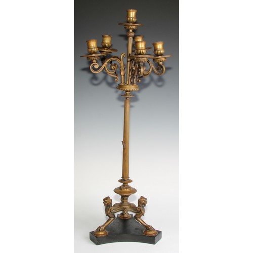 2532 - A pair of tall 19th century French bronze five-light candelabra, in the Grand Tour taste, half-flute... 