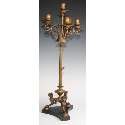 2532 - A pair of tall 19th century French bronze five-light candelabra, in the Grand Tour taste, half-flute... 