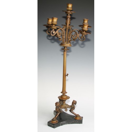 2532 - A pair of tall 19th century French bronze five-light candelabra, in the Grand Tour taste, half-flute... 