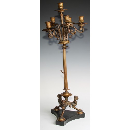 2532 - A pair of tall 19th century French bronze five-light candelabra, in the Grand Tour taste, half-flute... 