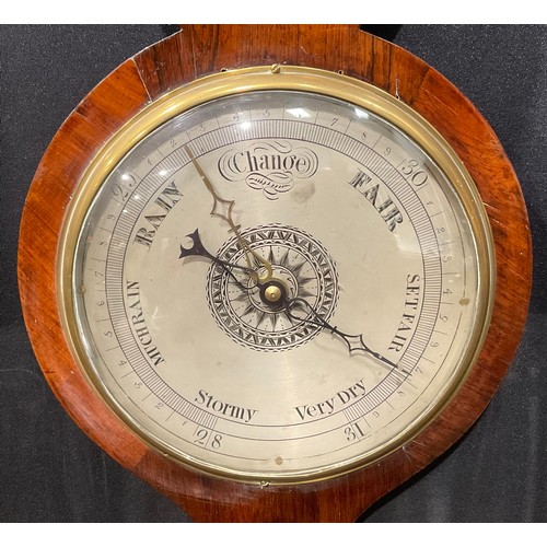 2077 - A 19th century rosewood wheel barometer, 19.5cm silvered register, hygrometer, alcohol thermometer, ... 