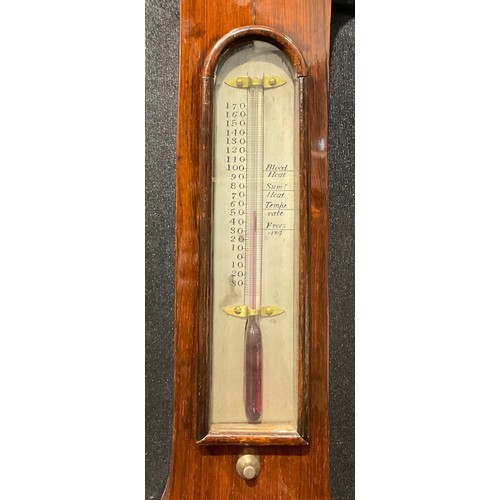 2077 - A 19th century rosewood wheel barometer, 19.5cm silvered register, hygrometer, alcohol thermometer, ... 