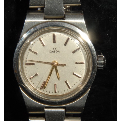 1305 - An Omega stainless steel wristwatch, the 2cm silvered dial with gold baton hour markers, articulated... 