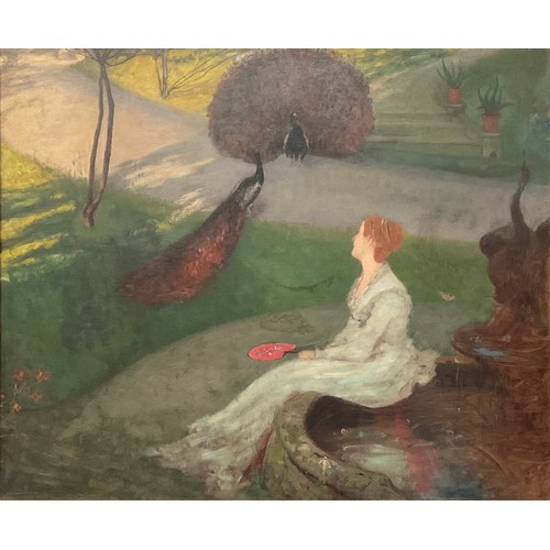 563 - After William John Hennessy (1840-1917)
Lady with a Peacock
oil on canvas, 74cm x 89cm

Label to ver... 