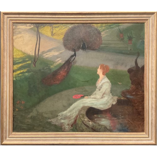 563 - After William John Hennessy (1840-1917)
Lady with a Peacock
oil on canvas, 74cm x 89cm

Label to ver... 