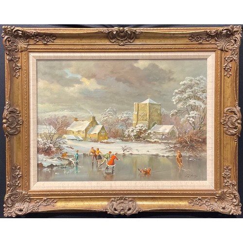 675 - Louis Jennings, (Sheffield, 1919-2018)
Skating at Beauchief Abbey,
signed, oil on canvas, 41cm x 56c... 