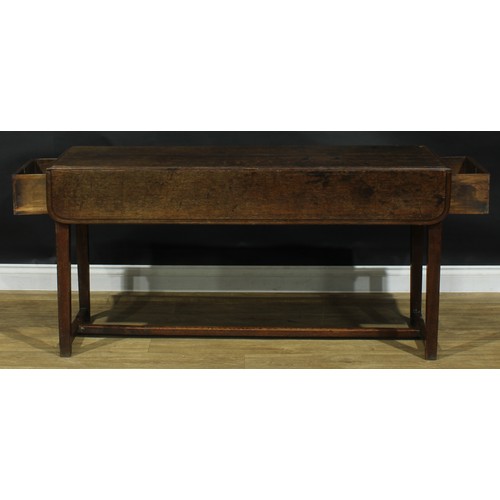 2043 - A George III vernacular oak servants' quarters Pembroke table, rounded rectangular top with fall lea... 