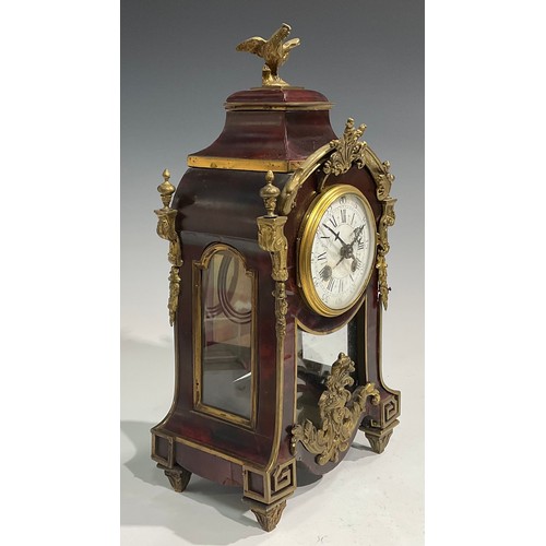 2402 - A Louis XV Revival gilt metal mounted tortoiseshell mantel clock, 9cm convex enamel dial inscribed w... 