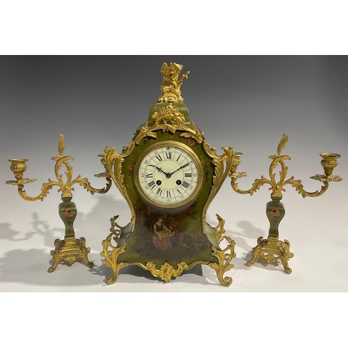 2403 - A Louis XV Revival gilt metal mounted vernis martin clock garniature, 11.5cm dial inscribed with Rom... 