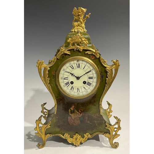 2403 - A Louis XV Revival gilt metal mounted vernis martin clock garniature, 11.5cm dial inscribed with Rom... 