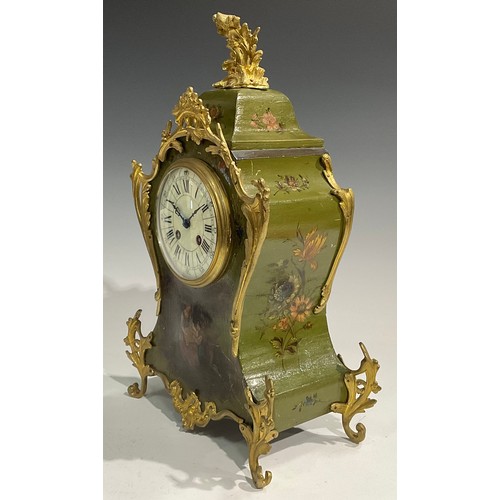 2403 - A Louis XV Revival gilt metal mounted vernis martin clock garniature, 11.5cm dial inscribed with Rom... 