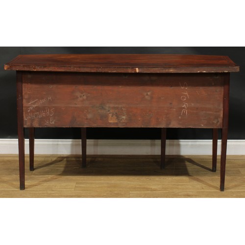 1786 - A George III mahogany bowfront sideboard or serving table, oversailing satinwood banded top above th... 