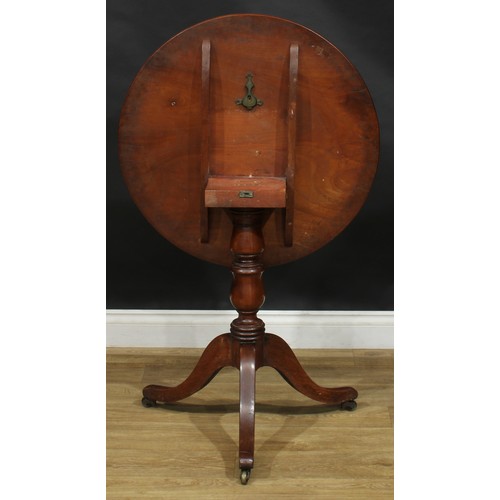 2492 - A George IV mahogany tripod occasional table, one-piece circular tilting top, turned column, cabriol... 