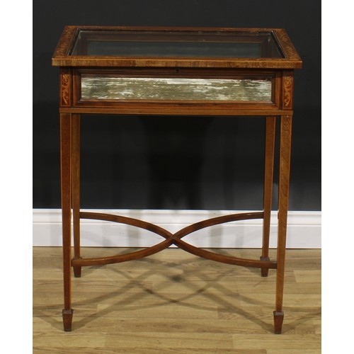 2692 - An Edwardian mahogany and marquetry bijouterie table, hinged top, tapered square legs, curved X-stre... 