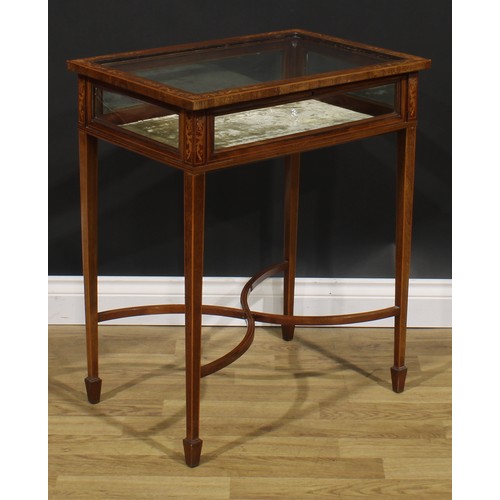 2692 - An Edwardian mahogany and marquetry bijouterie table, hinged top, tapered square legs, curved X-stre... 