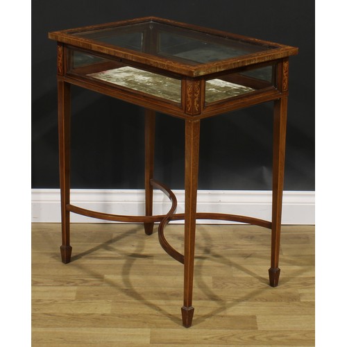 2692 - An Edwardian mahogany and marquetry bijouterie table, hinged top, tapered square legs, curved X-stre... 