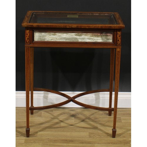 2692 - An Edwardian mahogany and marquetry bijouterie table, hinged top, tapered square legs, curved X-stre... 