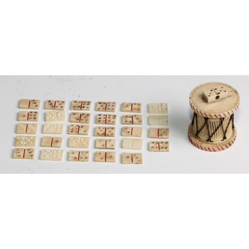 2274 - An early 19th century French Napoleonic Prisoner-of-War carved bone Domino set, the case as a Drum, ... 