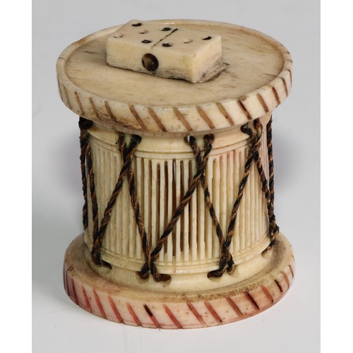 2274 - An early 19th century French Napoleonic Prisoner-of-War carved bone Domino set, the case as a Drum, ... 